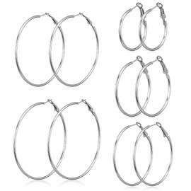 Kifmurase 5 Pairs Large Thin Silver Hoop Earrings, Hypo-allergenic Thin Silver Hoop Earrings Set, Lightweight Big Loop Earring Stainless Steel Earings 30/40/50/60/70 mm