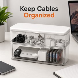 Transparent Cable Organizer Box for Desk – Double Layer Cord Storage with Adjustable Compartments for Home Office and Workspace Management