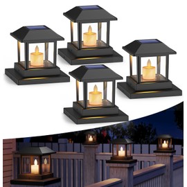 4 Pack Solar Post Lights Outdoor with 3D Flickering Candle Wick, Solar Post Cap Lights IP67 Waterproof, Warm LED Lighting Decor for Fence Deck Mailbox Yard Porch, Fit 4x4, 5x5 or 6x6 Vinyl/Wooden Post