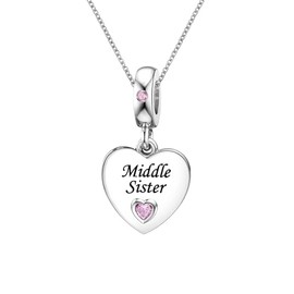 KunBead Middle Sister 18 inch Pink Heart I Love You Family Charm Birthday Pendant Necklace for Women