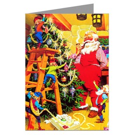 Victorian Santa And His Elves Trimming A Christtmas Tree Vintage Holiday Note Card Set