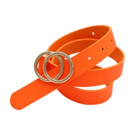 Women’s Neon Orange Skinny Fashion Belt – Faux Leather Waist or Hip Strap with Double Gold Circle Buckle – Adjustable Fit Small to Medium – Trendy Y2K Party Belt for Casual or Dressy Outfits