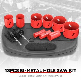 [13-Pcs] Universal Bi-Metal Cutter Hole Saw Kit Tools Set With Hex Wrench Red DIY Repair Hand Tool Kit Set for Home Household Office Warehouse