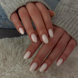 KQueenest Upgrade Thick Acrylic Press on Nails Short Oval, Milk White Fake Nails for Women Daily Wear, UV Cover Acrylic Glue on Nails Press ons Short Almond, Natural Reusable Stick on Nails in 24 Pcs