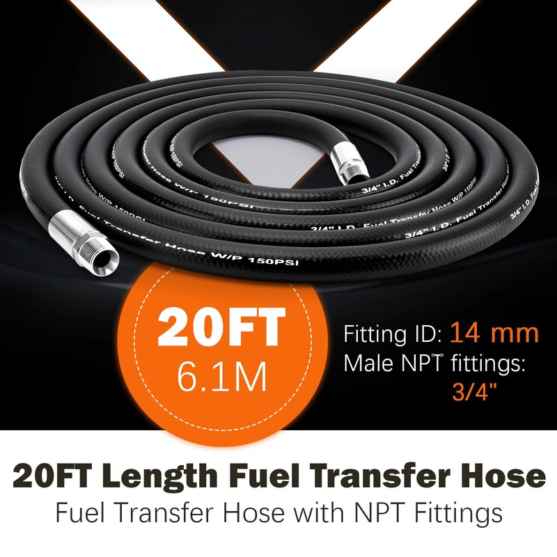 Fuel Transfer Hose 3/4'' Gas Pump Hose 20FT for Gasoline,