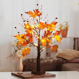 Artificial Fall Lighted Maple Tree, 24 LED with Timer USB & Battery Operated Artificial Fall DIY Light up Trees for Home Party Indoor Outdoor Thanksgiving Autumn Harvest Decor Indoor