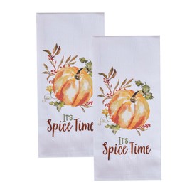Split P It's Spice Time Decorative Dishtowel Set of 2, Orange Pumpkin Patch Print Kitchen Towel for Fall & Thanksgiving Decor, Sentiment Embroidered Dishcloth for Kitchen Decoration, Machine Washable