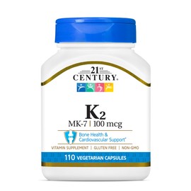 21st Century Healthcare Vitamin K2 (MK-7) 100 mg Vegetarian Capsules, 110 Count