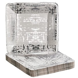 SILVER SPOONS Metallic Abstract Design Square Disposable Paper Plates (18 Pc) Heavy Duty Paper Plates 7 inch, Disposable Party Dessert Plates for Birthday, for Baby Showers& Events - Silver - Arctic