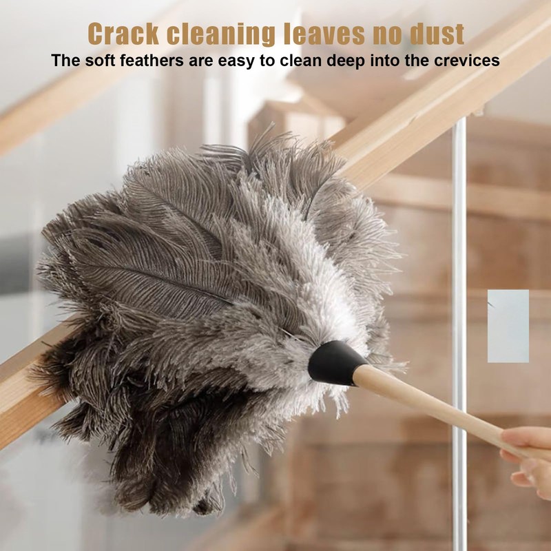 Ostrich Feather Duster, Household Dust Removal Tool with Wooden Handle,