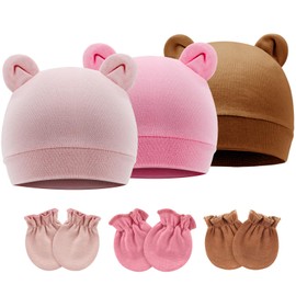 DRESHOW Newborn Baby Hats Mittens Set Hospital Hat Beanie Bear Ears Infant Hats Baby Cotton Gloves Scratch-Free Mittens for 0-6 Months, 3 Sets: Bear Ears Hats & Mittens 58-B01