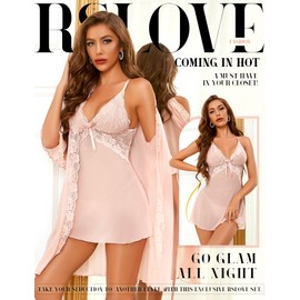 RSLOVE Women's Lace Dressing Gown Bathrobe with Sexy Babydoll Bridal Night Dress Sleepwear, pink