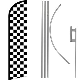 Trade Winds Black & White Checkered Windless Banner Flag & 16ft Flagpole Kit/Ground