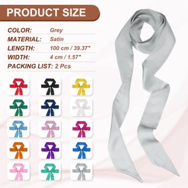 PATIKIL Stylish Ribbon Scarf, 2 Pack Solid Color Skinny Scarf Pure Long Neckerchief Silk Satin Sash Belts Hair Scarves Handbags Ribbon Necktie for Women, Grey