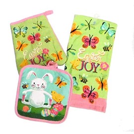 Easter Joy Easter Bunny Spring Design Kitchen Set 3 Piece - 1 Potholders, 1 Oven Mitt & 1Towel