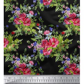 Soimoi 2-Way Stretch 60" Inches Wide Floral Print Velvet Sewing Fabric Supply by The Yard - Black