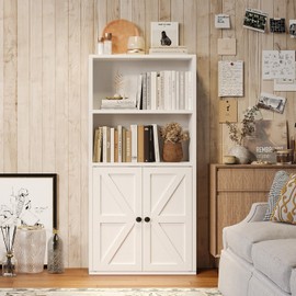 Breezestival Bookshelf Bookcase with Doors, 4 Tier Wooden Storage Shelves Organizer, Floor Standing Display Cabinet Shelves, Home Decor Furniture for Home Office, Living Room, Bedroom, White