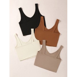 Milumia Women's 4 Pack Ribbed Knit V Neck Sleeveless Plain Fitted Crop Tank Top Set B Multicolor X-Small