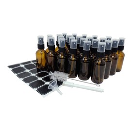 Mockins 24 Pack Amber 2 Oz Glass Spray Bottle | The Amber Misting Glass Bottles Includes Sprayers & a Funnel and Brush with Bonus Labels to Easily Identify it's Contents