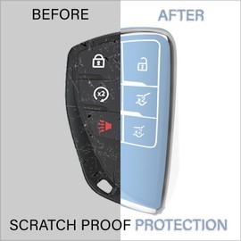 QBUC QBUC for Chevy Key Fob Cover with Keychain Soft TPU Protection Case Compatible with 2021-2025 Chevy Tahoe Suburban GMC Yukon Denali Silverado 6-Buttons(Chrome Trim Blue)