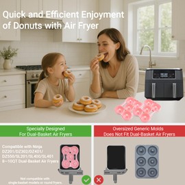 MiroCore 2 Pack Silicone Donut Molds for Air Fryer, Reusable Non-Stick Liners for Ninja Dual Zone DZ201, DZ302, DZ401, DZ550, Dishwasher Safe Baking Accessory for Homemade Donuts, Pink
