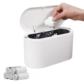 IEMIEBSHA Mini Trash Can with 5 Rolls of Trash Bags, Small Desktop Garbage Can with Press Type Lid, Covered Wastebasket for Bedroom Kitchen Room Office and Dorm Countertop