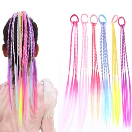6-Pack Colorful Braided Hair Extensions for Girls – Elastic Tie-On Synthetic Braids with Colored Bands (Little ponytail)