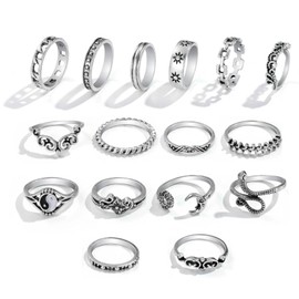 CATOR Pack of 16 Gold Rings Set for Women, Dainty, Simple, Fashionable, Cute, Stackable Finger Rings Pack, Stackable Layer on Thumb and Metacarphalxist, Mixed Sizes, Silver, Metal
