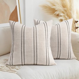AELS 20x20 Decorative Farmhouse Linen Throw Pillow Covers, Boho Textured Pillow Case, Set of 2, Beige with White & Black Stitch Yarn Dyed Stripe Cushion Cover for Sofa Couch Living Room (Cover ONLY)
