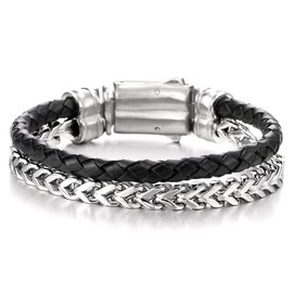 COOLSTEELANDBEYOND Mens Stainless Steel Square Franco Chain Curb Chain and Black Braided Leather Bracelet