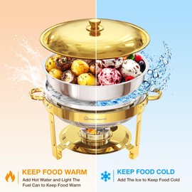 WARMOUNTS Gold Chafing Dishes for Buffet (5QT, 4 Pack), Stainless Steel Round Chafers and Buffet Warmers Sets with Lid Holder, Rolled Rim Process, Stackable Design, for Catering, Parties, Weddings