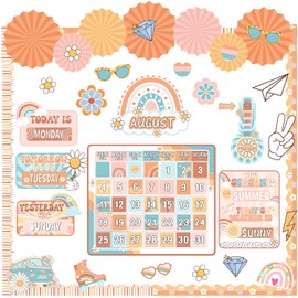 Janlaugh Groovy Classroom Calendar Bulletin Board Set with 3D Paper Fans Boho Retro Calendar Seasons Weather Chart Classroom Decoration for Back to School Blackboard Home Wall Decoration