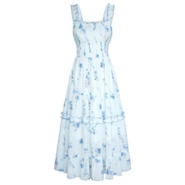 Womens Dresses Summer 2025 Sun Dresses Midi Blue Floral Print Dress Light Blue L