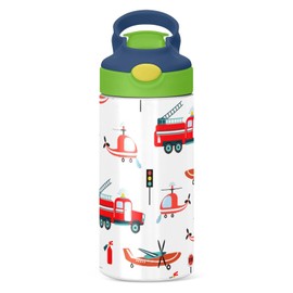 Fire Engine Helicopter Water Bottle for Kids with Straw Insulated Stainless Steel Water Bottle for Boys Girls School 350ml Leakproof Vacuum Hot Cold Water Bottle