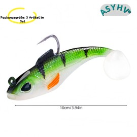 ASYHV 3D Realistic Leaded Soft Fishing Lure - Pre-Rigged Paddle Tail Swimbait for Mandarin Fish, Bass and More - Sinking Bait for Freshwater in Saltwater, 3 Pieces (Green)