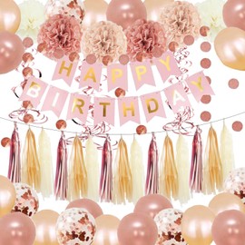 MYUPDALIN Gold Birthday Party Decorations for Women Girls with Happy Birthday Banner,Tassel Garland,Hanging Swirls,Circle Dots Garland,Tissue Paper Pompoms,Party Decor Balloons