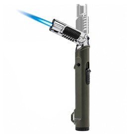 Flexible Neck Torch Lighter, Windproof Jet Flame, Refillable with Safety Lock & Adjustable Flame, 1300°C High Temp Extended Handle Lighter for Candle BBQ Kitchen Camping (Without Butane)-Dark Green
