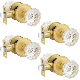 EHOMEWARE 4 Pack Brass Door Knobs Interior, Keyless Closet Door Knobs, Glass Door Handles Without Lock, Hall Door Levers Interior Passage Function, for Left/Right Opened Doors