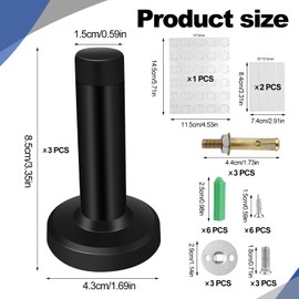 GZhaizhuan Pack of 3 Wall Door Stops, Stainless Steel, 8.5 cm Long, Black, Includes Fixings, with Transparent Elastic Buffer (Square + Round)