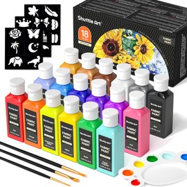 Shuttle Art Fabric Paint, 18 Colors Permanent Soft Fabric Paint in Bottles (60ml/2oz) with Brushes, Palette, Stencils, Non-Toxic Textile Paint for T-Shirts, Shoes, Jeans, Bags, DIY Projects&Art