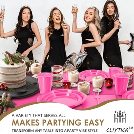 CLIYTICA Cerise Plastic Plates for Party, Plastic Dinnerware Sets - Disposable 9" Plates,7" Dessert Plates, Napkins,Cups,Forks & Tablecloth - for Girls Women Birthday (30 Guest)