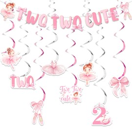 Kreatwow Ballet 2nd Birthday Decorations Two Two Cute Birthday Banner Ballerina Tutu Hanging Swirl Ballerina Party Decorations Tutu Cute 2nd Bday Decor Ballet Dancing Party Decor Pink Bow Bday Supply