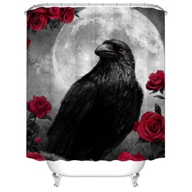 RnnJoile Crow Shower Curtain Set Gothic Bath Curtain Raven Bathroom Decor Black and Red with Hooks 72"x72"