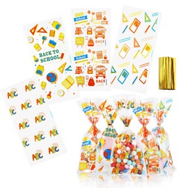 Kesote 100 Pieces Back to School Goodie Bags, Clear Cellophane Candy Treat Bags Bulk with Twist Ties for Back to School Party Favor Supplies Decorations