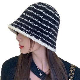 [WKYHLGKL] 帽子 バケットハット レディース UV カット 柔らかい 防寒保温 無地 サイズ調整可能 ストライプ柄 バケハ 帽子 キャップ おしゃれ 小顔効果 折りたたみ可 カジュアル 可愛い ニット帽 通勤 通学 アウトドア 春秋冬用 (JP, 数字サイズ, 58.0 cm, ブラック)