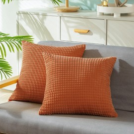 CaliTime Throw Pillow Covers Pack of 2 Comfy Corduroy Corn Striped Waffle Decorative Cushion Cases for Couch Sofa Bed Farmhouse 24 X 24 Inches Burnt Orange