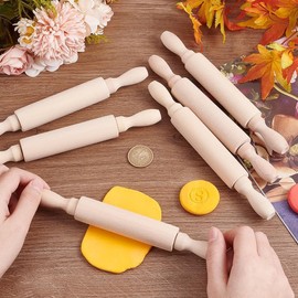 Mini Rolling Pin 6 Pack Kids Small Wooden Rolling Pins with 2 Rollers Handle Non-Stick Playdough Dough Roller for Child in The Kitchen Baking Cookie Pastry Easter, 5.5inch Length