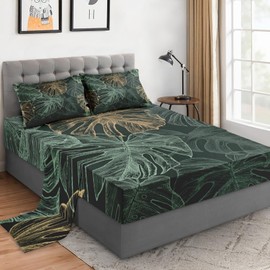WeCozy King Size Bed Sheet Sets with Pillowcases, Green Tropical Leaves 4 Pcs Soft Microfiber Bedding Set for Kids and Adults, Monstera Palm Tree Flat Sheet, Fitted Sheet for Bedroom Bed Decor