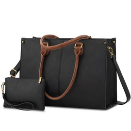 LOVEVOOK Laptop Bag for Women,15.6 Inch Laptop Tote Work Bags for Women, Vintage Leather Computer Bag Large Capacity Office Briefcase, Business Handbag Shoulder Bag 2PCs