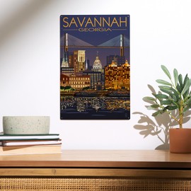 Lantern Press 10x15 Inch Wood Sign, Ready to Hang Wall Decor, Savannah, Georgia at Night